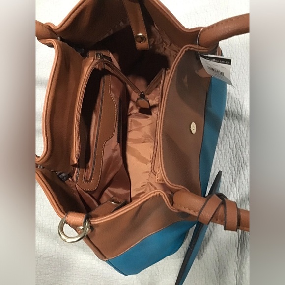 NWT Black Rivet 3-in-1 Handbag Shoulder Tote Zipper Carry-All Turquoise & Brown - Picture 8 of 11